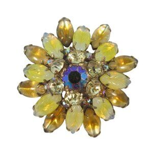 Givre Art Glass AB Rhinestone Floral Yellow Gold Brooch Vintage